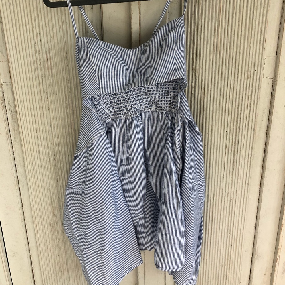 Reformation blue white striped wrap tie mini dress